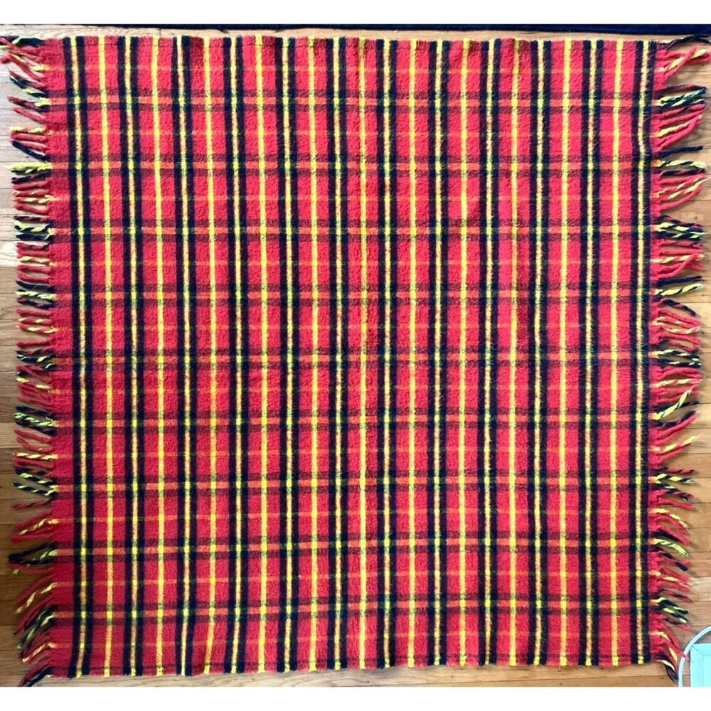 Vintage Plaid Blanket Orange Yellow Black 60s 70s Mod MCM Fringe Retro